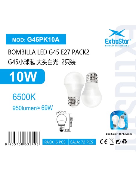 BOMBILLA LED G45 PACK2 10W E27 950LM 6500K LUZ FRIA