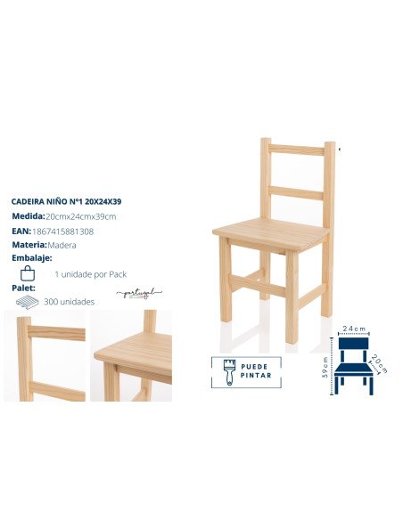 SILLA MADERA INFANTIL PEQUEÑA 20X24X39 MADERA