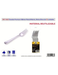 TENEDOR PREMIUM REUTILIZABLE PLATA BRILLANTE L.10