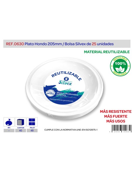 PLATO REUTILIZABLE 205MM HONDO LOTE DE 25