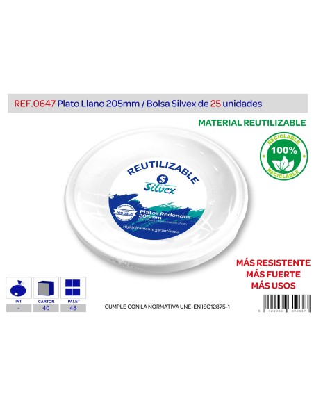 PLATO REUTILIZABLE 205MM LOTE DE 25 ALTA CALIDAD
