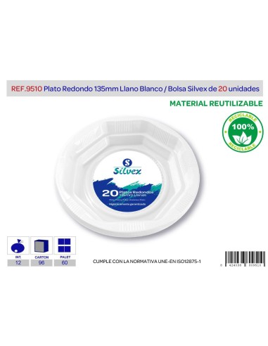 PLATO REUTILIZABLE 135MM LLANO BLANCO LOTE DE 20