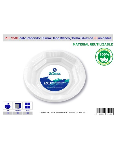 PLATO REUTILIZABLE 135MM LLANO BLANCO LOTE DE 20