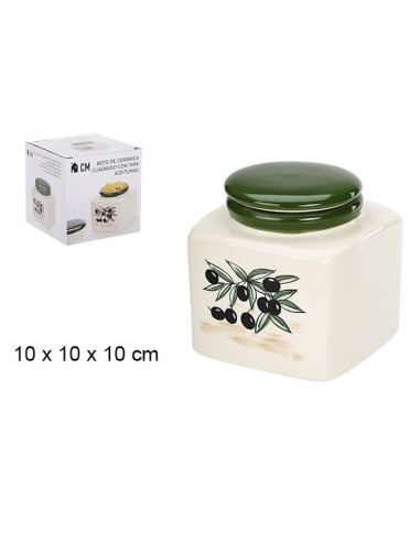 BOTE 10X10X10CM CERAMICA C/TAPA DEC.ACEITUNAS CUADR