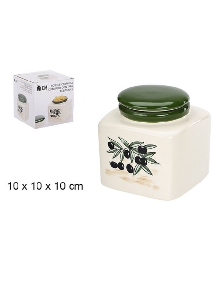 BOTE 10X10X10CM CERAMICA C/TAPA DEC.ACEITUNAS CUADR
