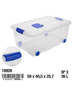 CAJA Nº3 NEW BOX CON CIERRES ANTIPOLILLA Y RUEDAS 36 L. TRANSPARENTE ACC AZUL