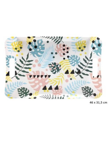 BANDEJA 46X31.5CM ESTAMPADO HOJAS PASTEL
