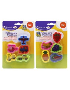 MOLDES PARA PLASTILINA 5 UDS FRUTAS Y TRANSPORTE
